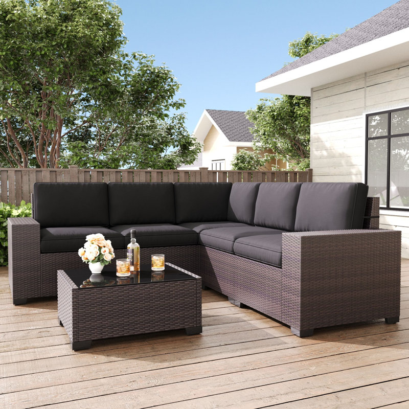 6 Pieces Patio Furniture Set, Modular Sectional Outdoor Conversation Sofa Set, Brown, Black