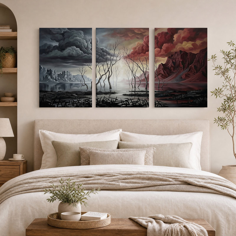 " Split Fire And Ice Landscape With Bare Trees " 3 - Pieces, 30"H x 20"W x 3pcs