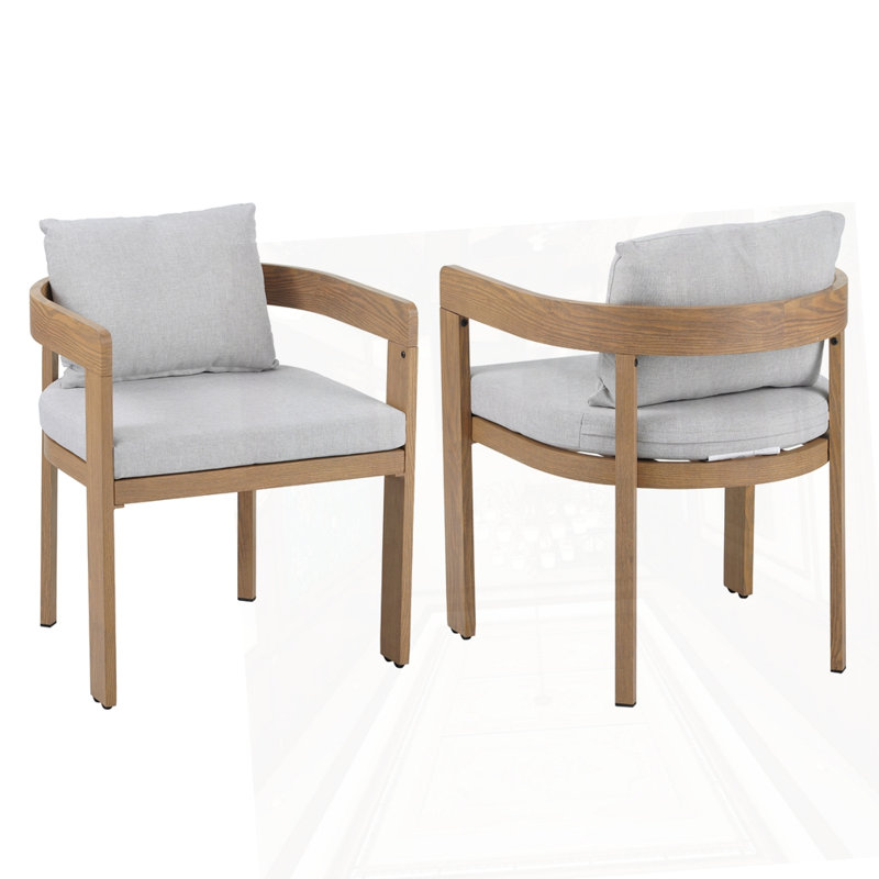 Outddor And Indoor Aluminum Dining Chair Set Of 2, Light Gray Cushion/Teak Frame