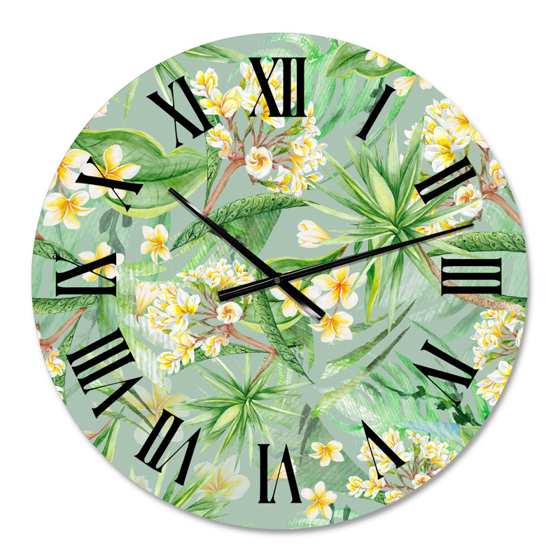Feuillage tropical et fleurs jaunes - horloge murale moderne, Petit