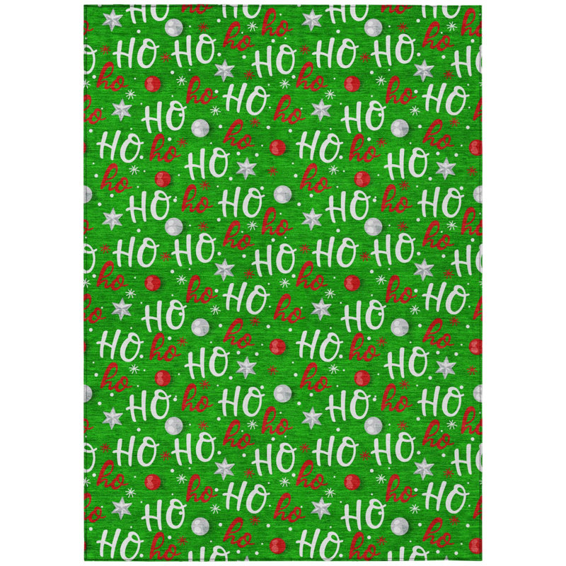 Tapis intérieur/extérieur lavable vert, blanc et rouge « Ho Ho Ho » de 152 x 244 cm