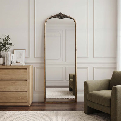 Vintage Arched Full Length Mirror with Black Gold Frame, Ideal for French Decor and Spacious Illusion