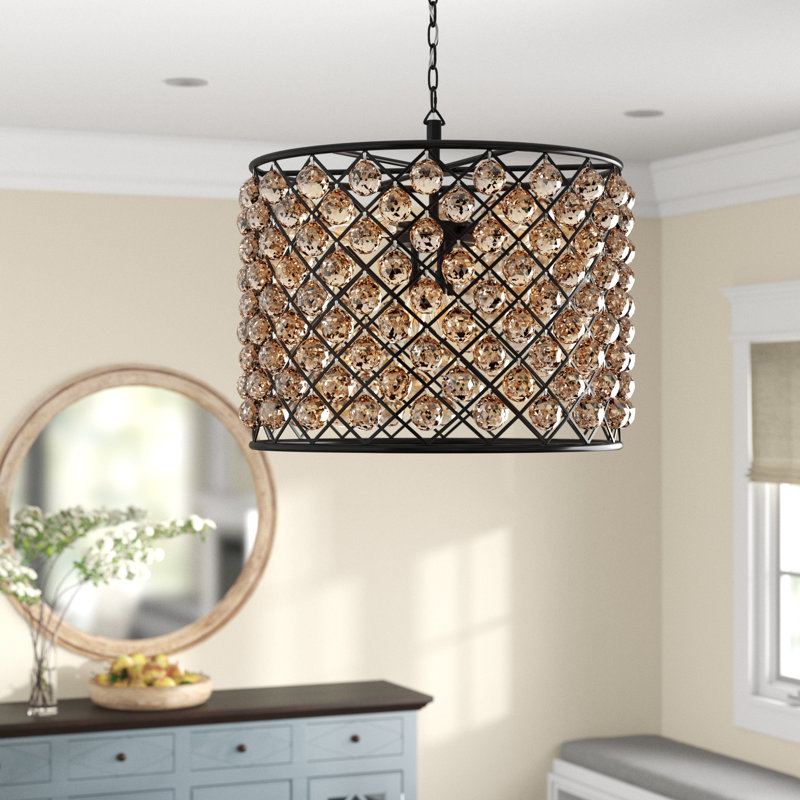 Lustre tambour 8 lumières unique Swinney, Teck doré (fumé), Brun moka