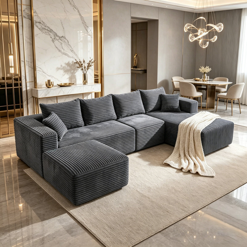 Boneless 118" U-shaped Sectional Couches For Living Room Modern Modular L-shape Cloud Sofa Compression-boneless Deep Seat Couch With Chaise And Ottoman