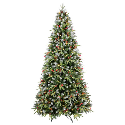 Arbre de Noël 7 pi avec 450 lumières DEL blanc chaud - 2178 branches en PE + PVC, baies rouges et pommes de pin, conception à charnières, support en métal stable - décoration de Noël réaliste