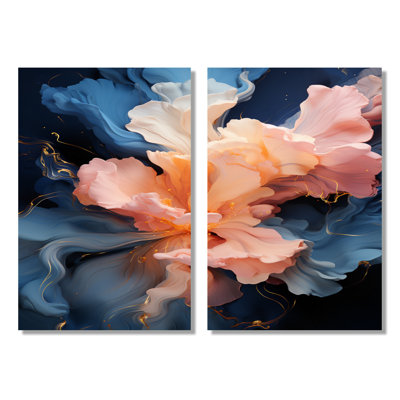 Blooming rose pastel sur bleu royal - impressions sur toile abstraites à l'encre liquide, art mural abstrait rose 2 panneaux