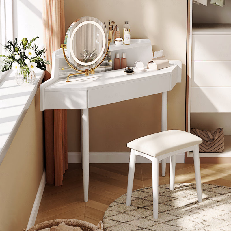 Meuble-lavabo de coin de style moderne avec grand rangement, miroir et tabouret à DEL, luminosité réglable, peu encombrant, blanc