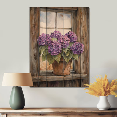 Hortensias près de la ferme - Décoration murale en bois d'hortensias sur bois de pin naturel