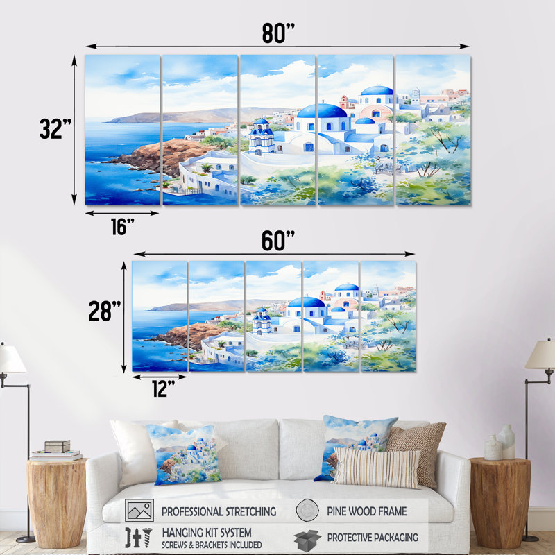 «Grèce Santorini Landscape II - Grèce», art mural 5 pièces, H 28 po x l 60 po