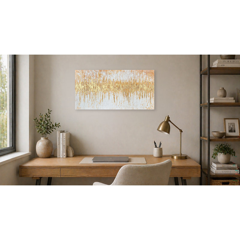 Gold Textured Abstract Canvas Wall Art, Handmade Texture & Foil Effect, Neutral Horizontal Decor, 40" W x 20" H