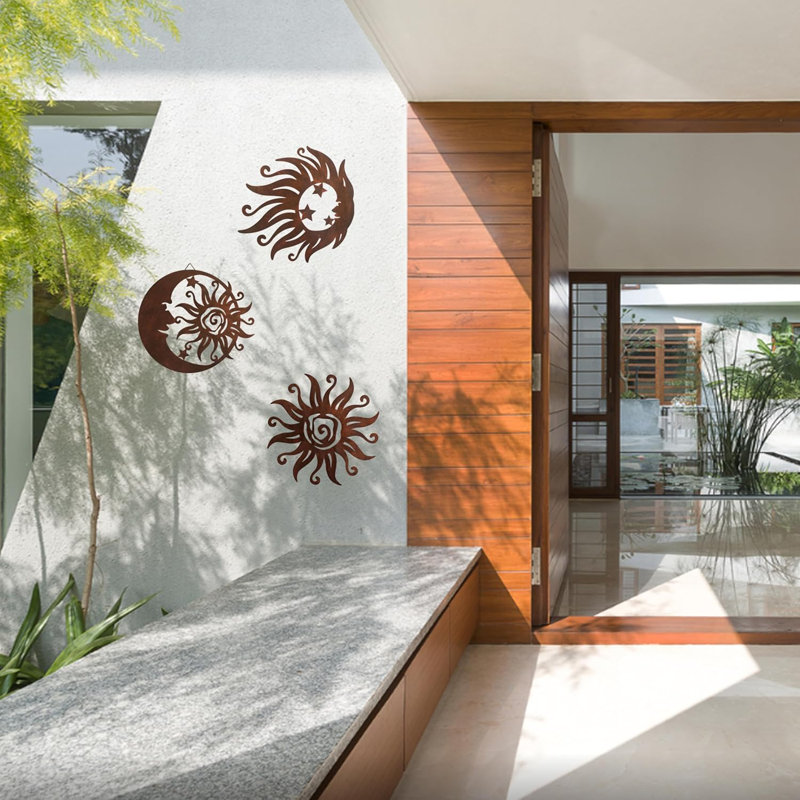 Ensemble de 3 art mural en métal couleur soleil rouille, intérieur et extérieur antirouille
