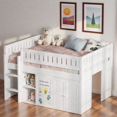 Loft Bed With Double-door Cabinet, Open Shelves And Chalkboard Panel