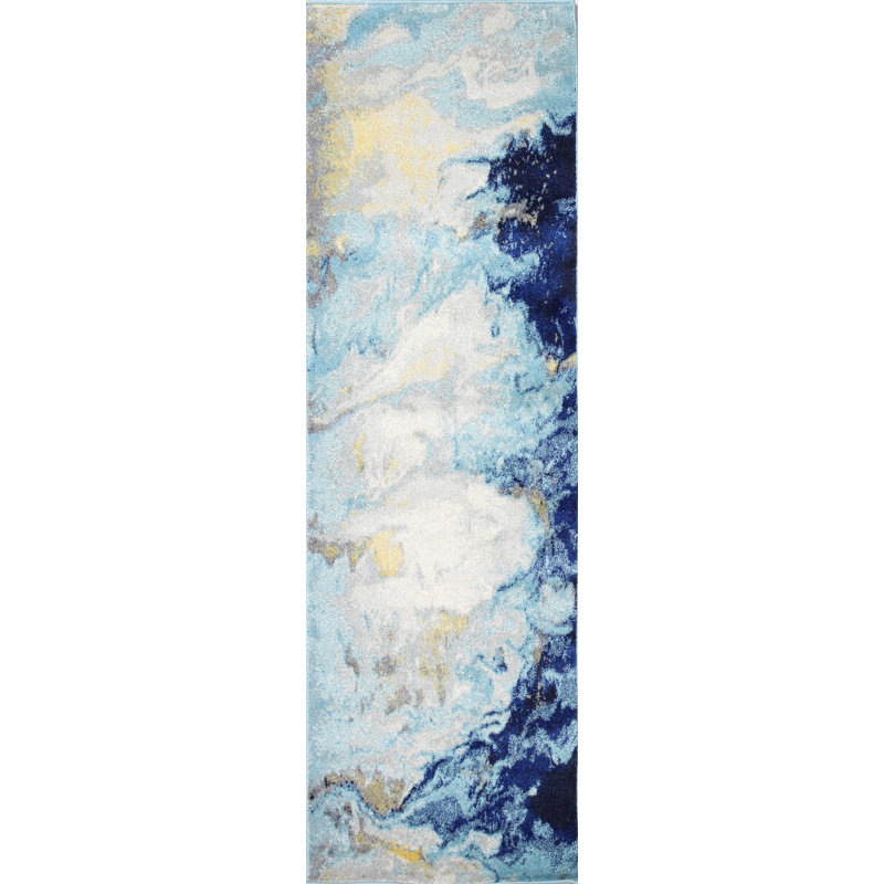 Tapis à motif abstrait bleu Coughlin, Tapis de couloir de 2 pi 6 po x 8 pi