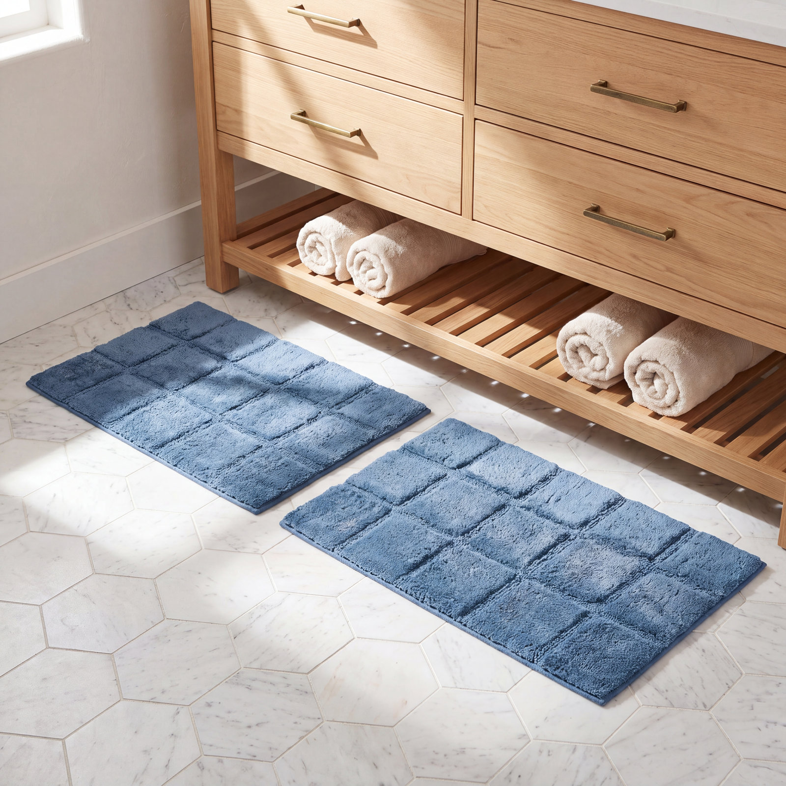 Checkered Cotton Bath Rug, Checkers Sapphire