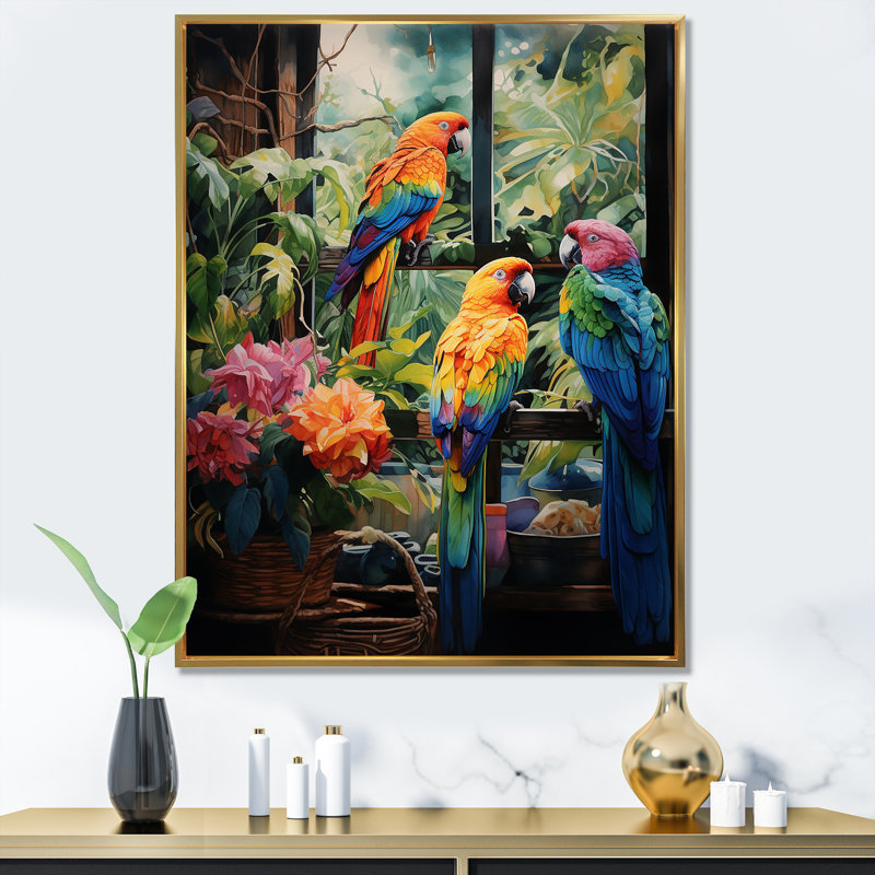 Parrot Jungle Paradise II - art mural perroquet, Cadre flottant doré, H 44 po x l 34 po x P 1,5 po