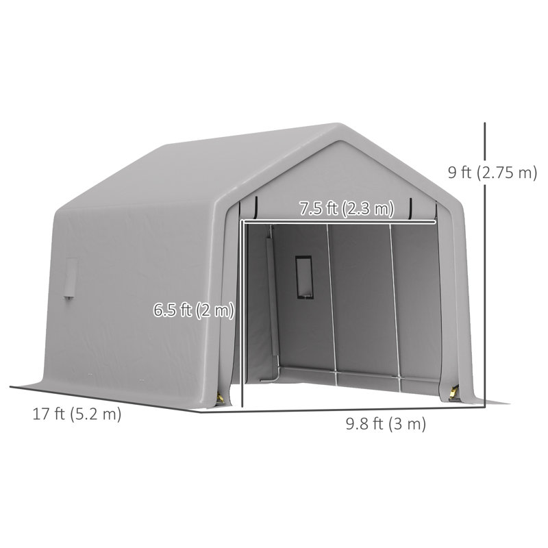 Abri d'auto 10 x 17 pi, abri d'auto avec porte à fermeture à glissière, gris
