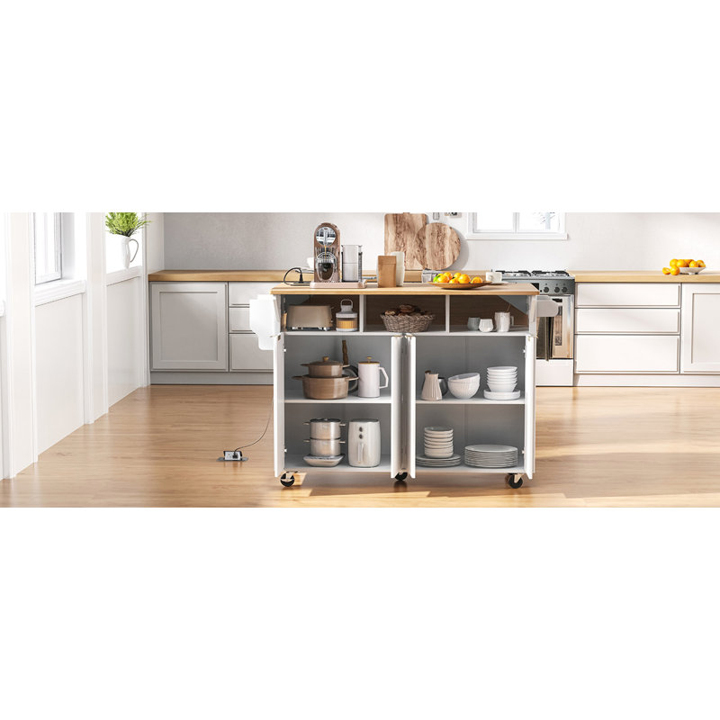 55.5" Fluted Kitchen Island with 2 Drop Leaf, White