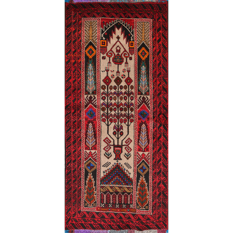 Tapis décoratif en laine de conception unique noué à la main Balouch rouge/beige 3 pi 3 po x 6 pi 1 po