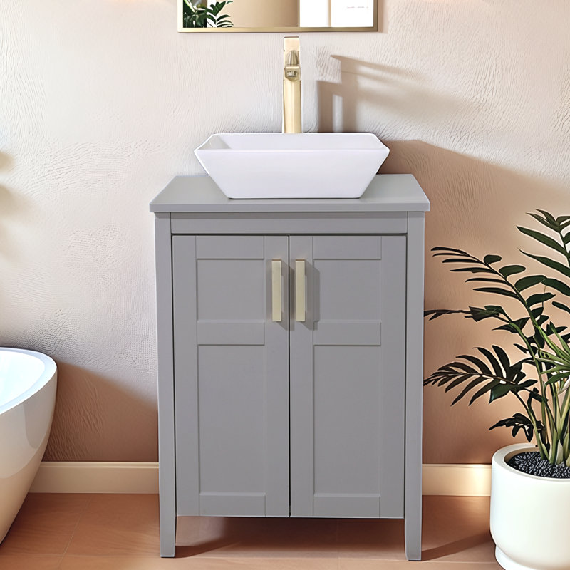 24"Modern  Vessel Sink Vanity, Grey, White, Square
