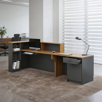 Bureau de réception en L de 87 po avec comptoir, comptoir avant moderne avec armoire de rangement, tablettes ouvertes, tiroir verrouillable et plateau à clavier pour le bureau, le hall d'entrée et la caisse (noyer foncé et gris fer - à gauche)