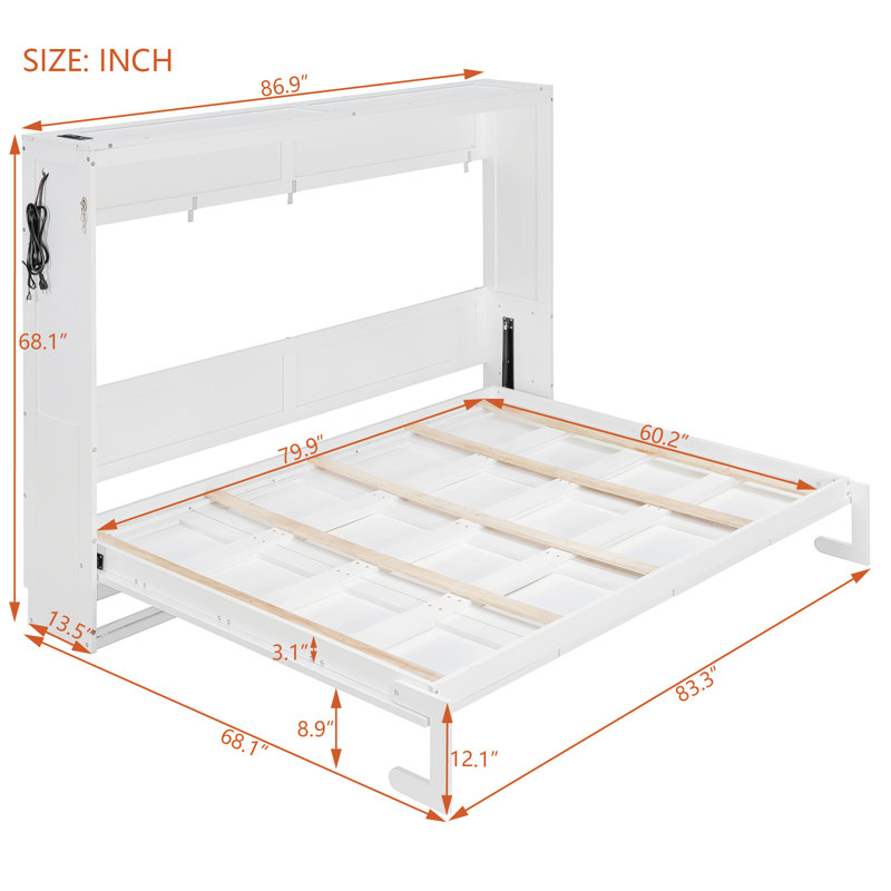 Side-Folding Murphy Bed with LED Under-Bed Lighting and USB Charging Station, Wood Wall Bed Frame with Built-In Workspace Desk, Space-Saving Fold-Away Cabinet Bed