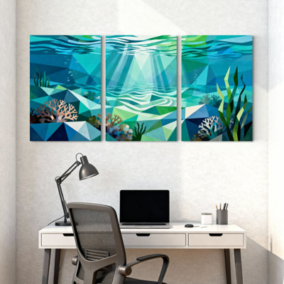 Ensemble de 3 tableaux muraux géométriques sur toile représentant une scène sous-marine