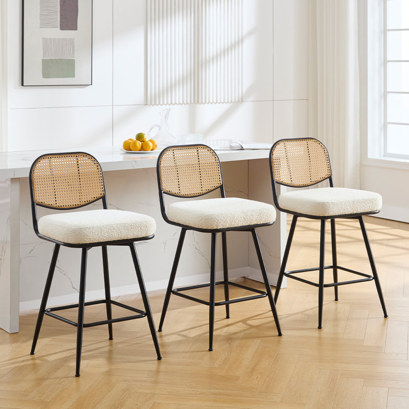 Upholstered Swivel Counter Stool With Rattan Backrest, Bar Stool (29” Seat Height), White