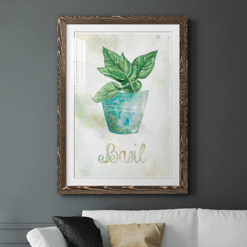 Basilic en pot - peinture, Papier, cadre noyer, H 31,5 po x l 23,5 po x P 1,5 po