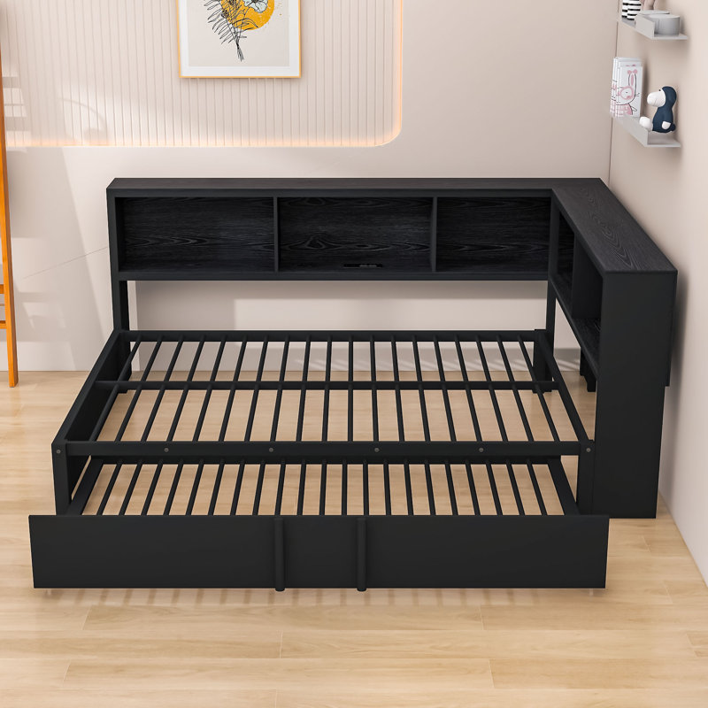 Desarai Full Size Metal Daybed with Twin Trundle, Storage Shelves and USB Ports, Black