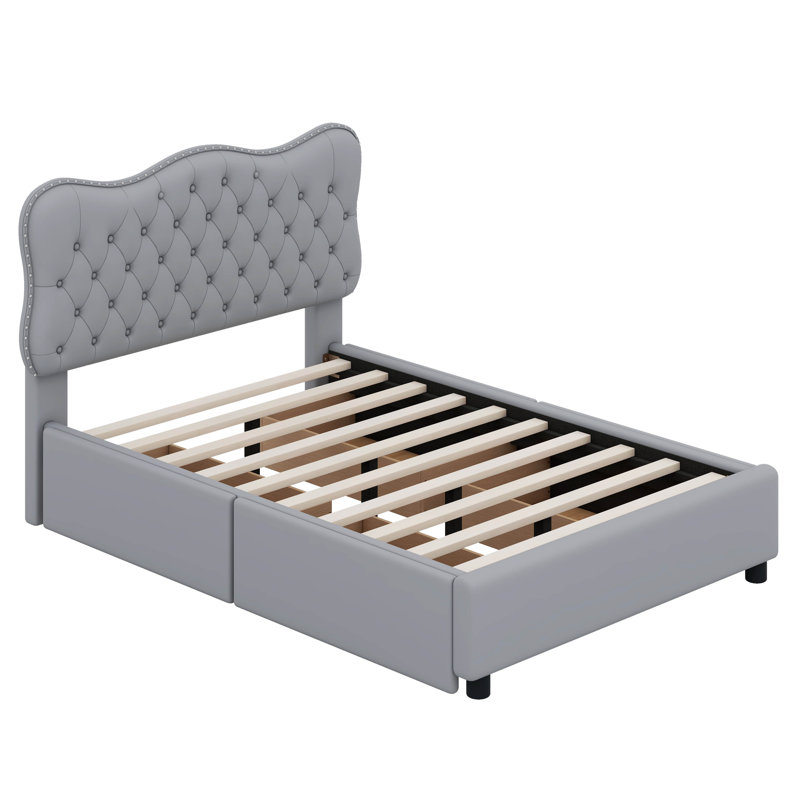 Lit plateforme tapissier avec 4 tiroirs Kiosha, Double, Gris