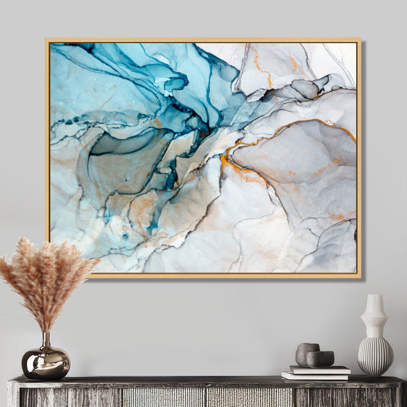 Luxry Blue and Grey Marble Art Ripples - impression sur toile, H 16 po x l 32 po, Reproduction avec cadre flottant, Érable