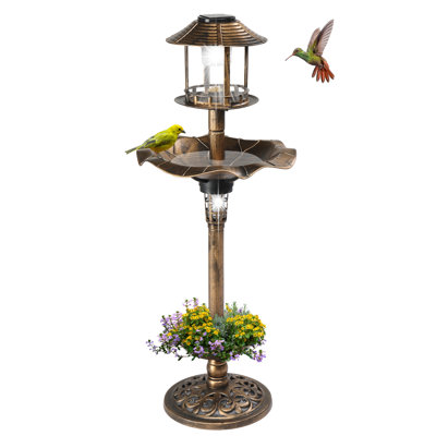 Outdoor Bronze Solar Lighted Pedestal Bird Bath Resin Fountain Decoration With Planter And Feeder