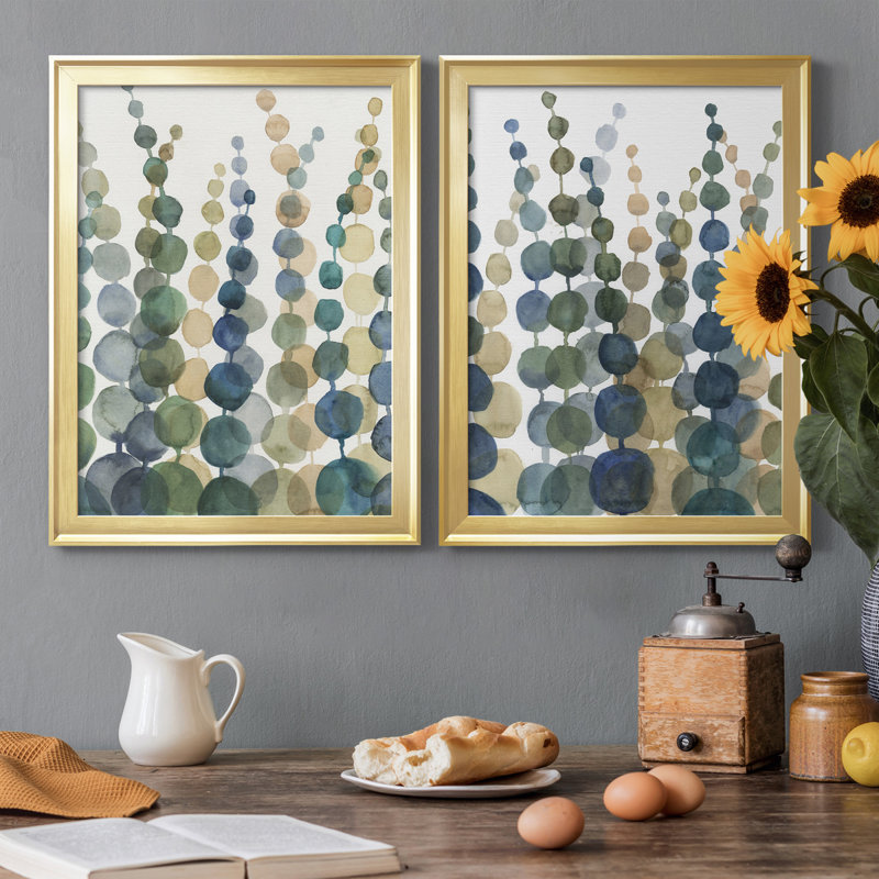 «Pompom Botanical I», ensemble de 2 peintures sur toile encadrées, Or, H 42,5 po x l 30,5 po x P 1 po