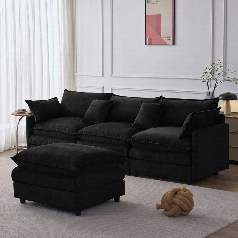 Canapé modulaire en L 105 po avec repose-pieds en chenille de 105 po, canapé de salon 3 places, Noir