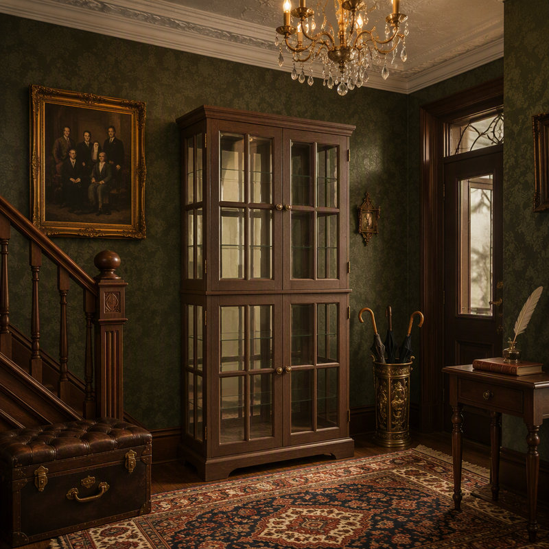 Vitrine exquise avec quatre portes en verre et tablettes réglables, parfaite pour mettre en valeur des objets de collection précieux