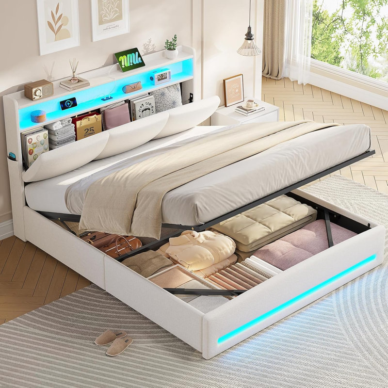 Bed with Hydraulic Storage and Charging Station Upholstered Storage Headboard, Space-saving, Beige, Double (4'6)