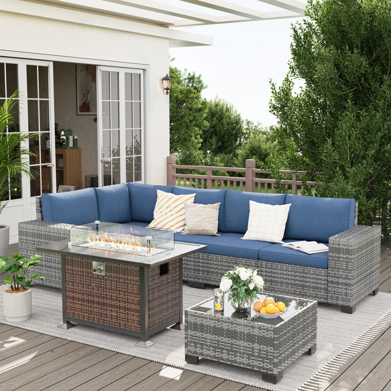5 - Person Outdoor Rattan Sectional Seating Group with Fire Pit, Navy Cushion/Gray Frame