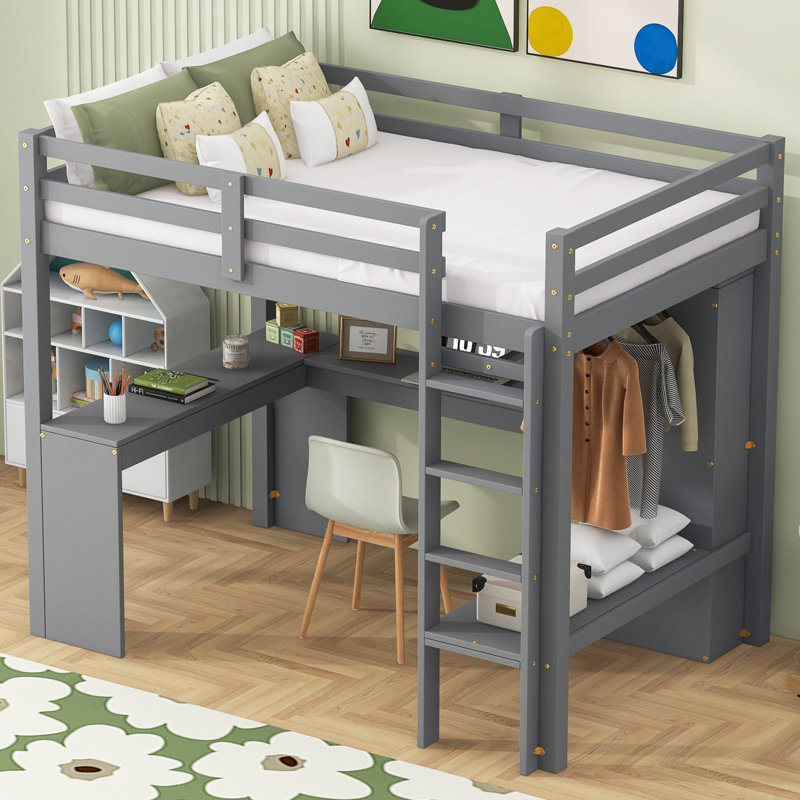  Lit mezzanine simple avec bureau en L, armoire intégrée et tablettes de rangement ouvertes, gris, Gris, Lit simple