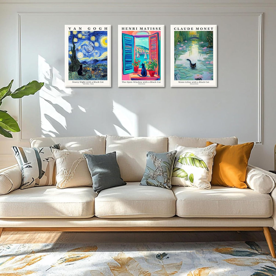 Framed Black Cat Canvas Wall Art Set Of 3 – Van Gogh Matisse Monet Inspired Paintings Art Prints, Funny Cat Aesthetic Pictures For Living Room Bedroom