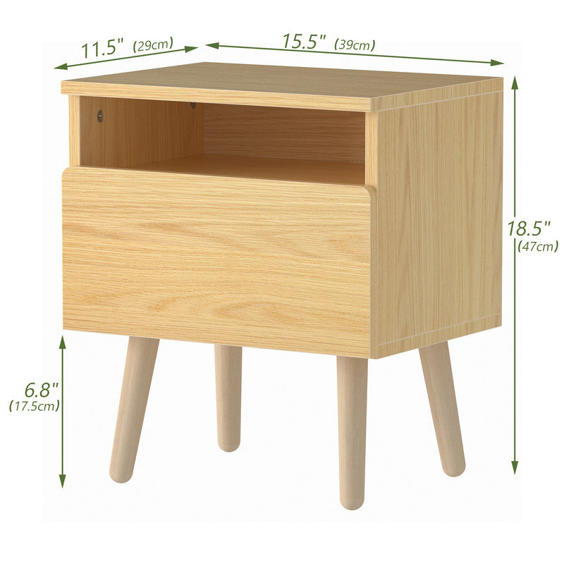 Modern Wood Single Drawer Nightstand,Vintage Bedside Table 18.5, Brown, Set of 2