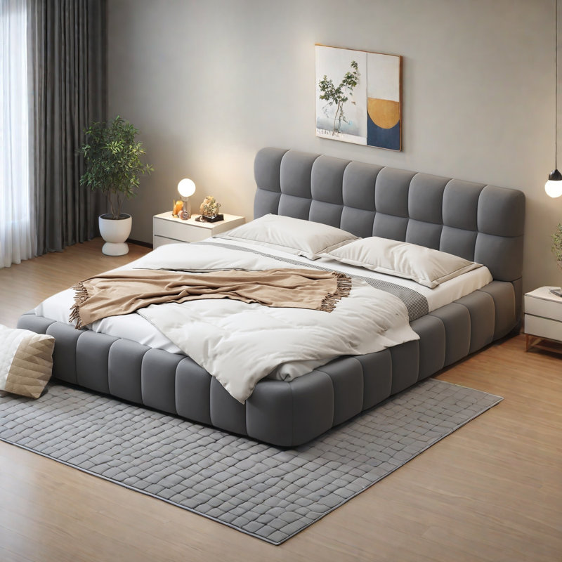 Élégant lit plateforme tapissier avec tissu épais, lit avec base solide, Gris