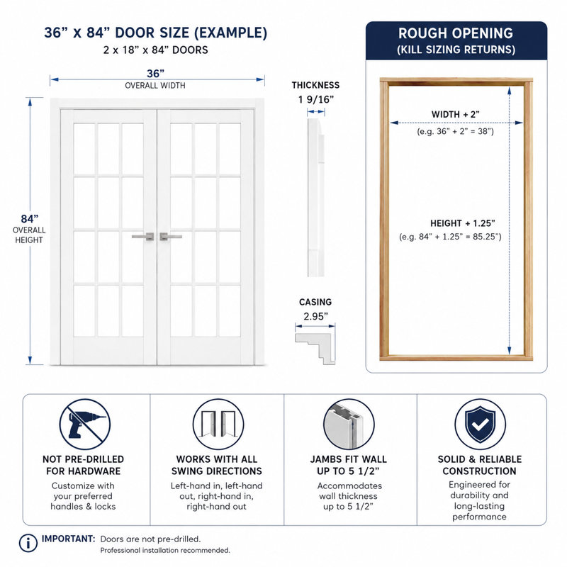 Portes d'entrée françaises robustes à double vitrage transparent, 12 carreaux, modèle Felicia 3355, blanc soie, panneau simple, cadre standard, pour salle de bain ou chambre, portes robustes 36" x 80" (2 x 18 x 80)
