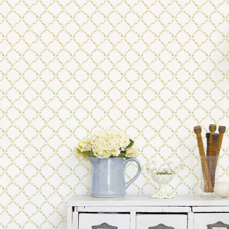 Miniatures 2 Geometric Floral Trellis Design 33' L x 21" W Wallpaper Roll, Yellow/Green/Ivory