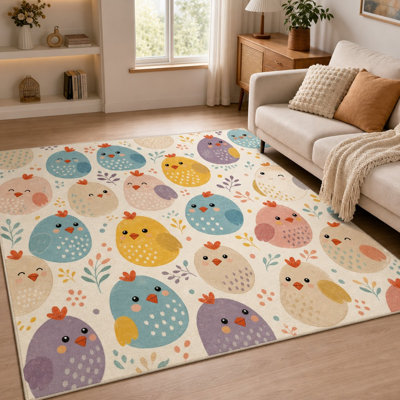 1 pièce mignonne caricature de poussin - tapis doux en peluche imprimé, lavable et facile à nettoyer, grand tapis mince, envers antidérapant, convient au salon, à la chambre à coucher, à la cuisine et aux enfants