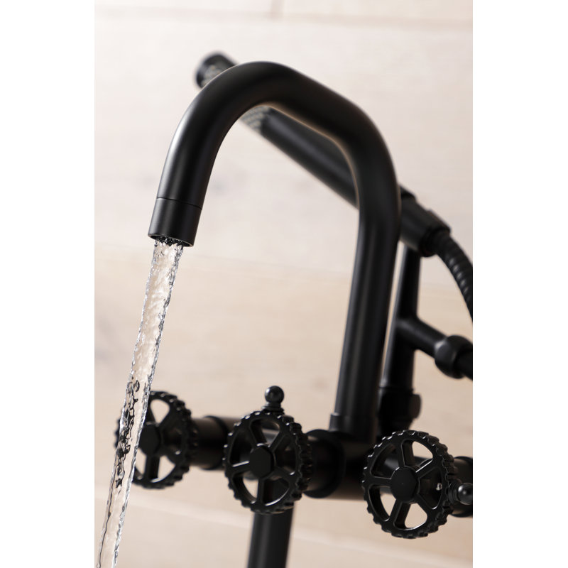 Kingston Brass Fuller Three-Handle 2-Hole Deck Mount Clawfoot Tub Faucet with Hand Shower, Matte Black