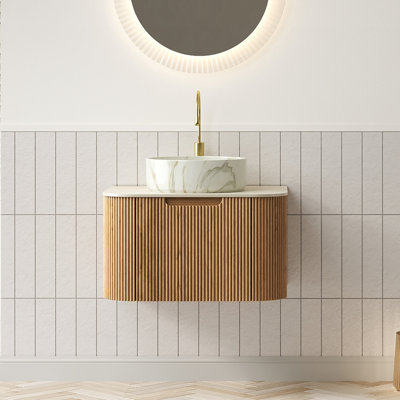 Meuble-lavabo 24 po, meuble-lavabo rayé à bords arrondis avec tiroir, lavabo rond en céramique avec motif en pierre et plateau en pierre frittée à motif de travertin, pré-assemblé, couleur grain de bois naturel