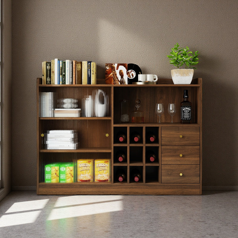 Buffet avec 2 portes coulissantes en verre rayé, armoire de rangement de comptoir pour bouteilles