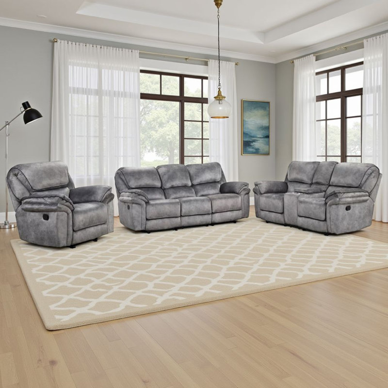 Arisa 3Pc Sofa, Loveseat, Chair Manual Recliner Set, Gray Faux Leather