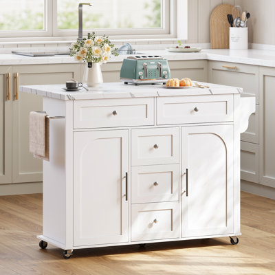 Rolling Wood Kitchen Island With Faux Marble, Storage Cart With Drop Leaf & Power Outlet For Kitchen, Dining Room
