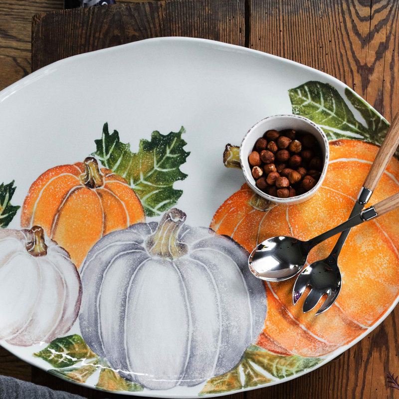 Multicolored Ceramic Thanksgiving Oval Platter with Pumpkins